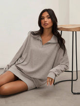 COSMINA 2pcs Women's Casual Gray Baggy Long Sleeve Drop Shoulder Zip Placket Top And Fitted Skirt Set, Spring/Fall